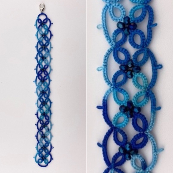 Tatted Blue Bracelet with Beading - Picture 1 of 8